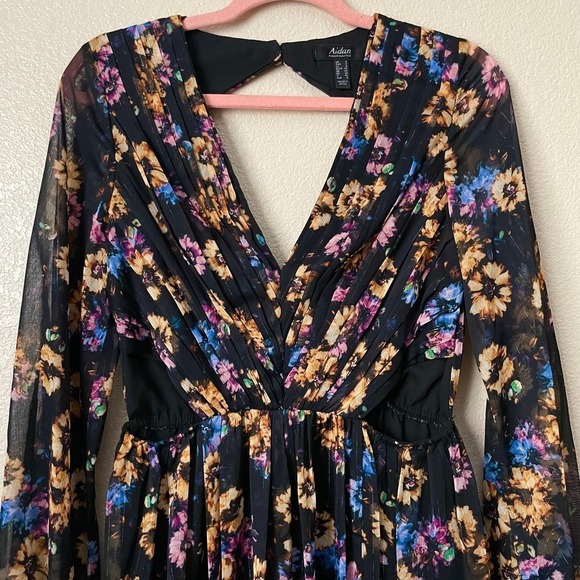 Aidan Mattox Dress Womens Size 4 Black Floral Pleated Cut Out Chiffon Boho Party - Picture 6 of 16